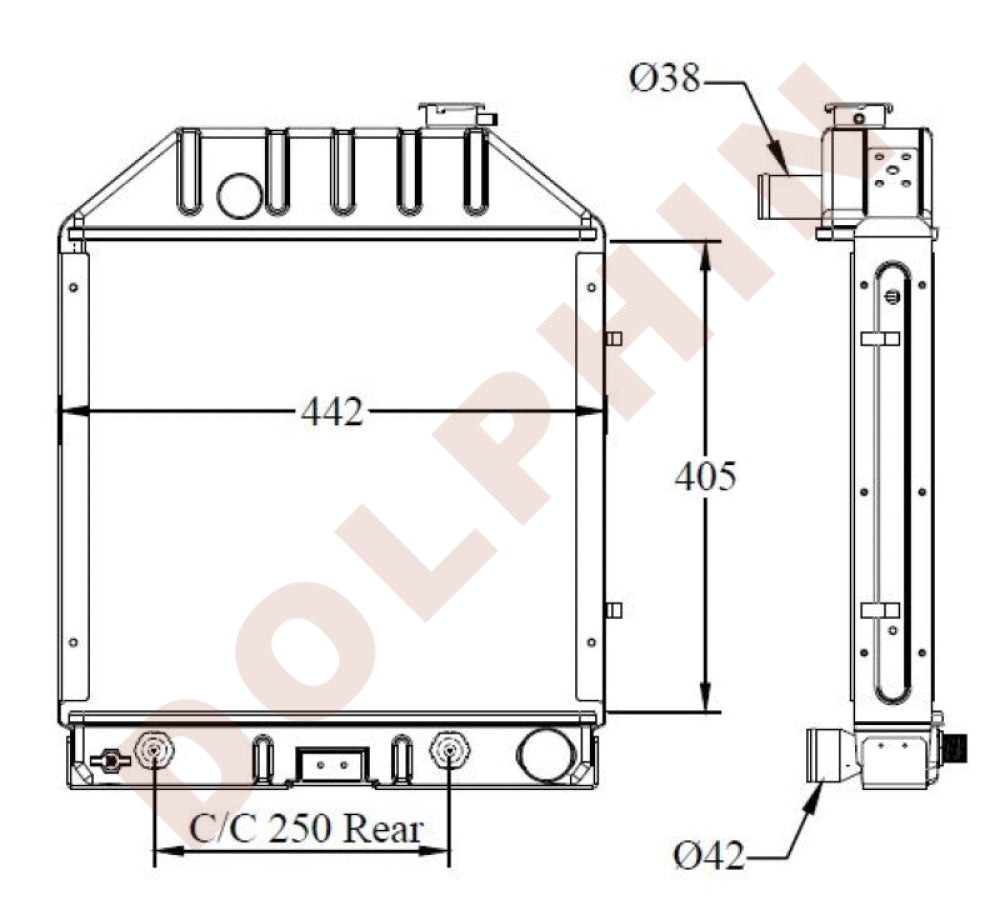 FORD, NEW HOLLAND Radiator - 231, 233, 250C, 333, 335, 340, 340A, 340B, 420, 445, 445A, 450, 515, 531, 532, 535, 540, 540A, 540B, 545, 545A, 2000, 3000, 4000, 5000 series - 405 x 442 x 51 mm